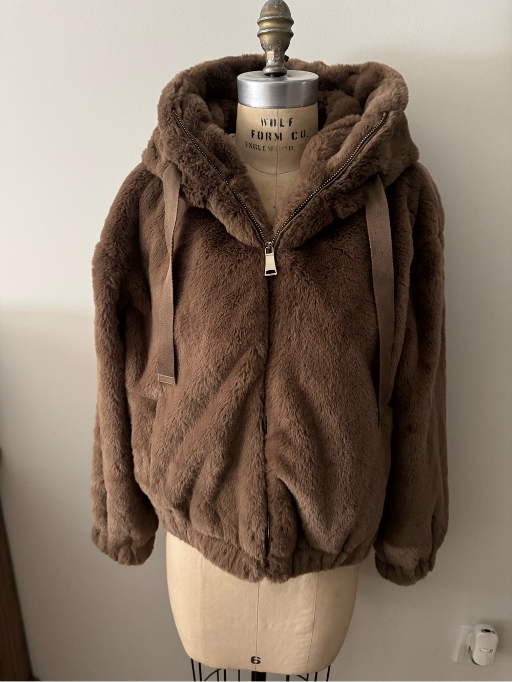 Philosophy Plush Faux Fur Hooded Bomber Jacket in Brown